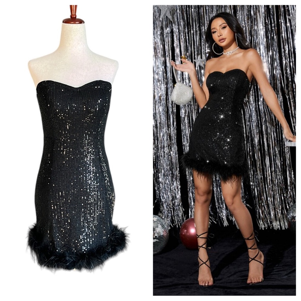 SHEIN  Fuzzy Trim Sequin Strapless Bodycon Dress